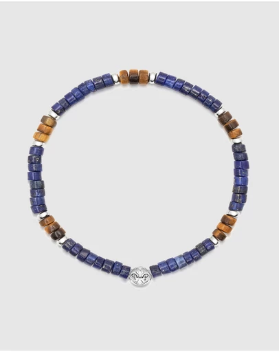 Nialaya Jewellery - Men's Wristband with Blue Lapis and Brown Tiger Eye Heishi Beads