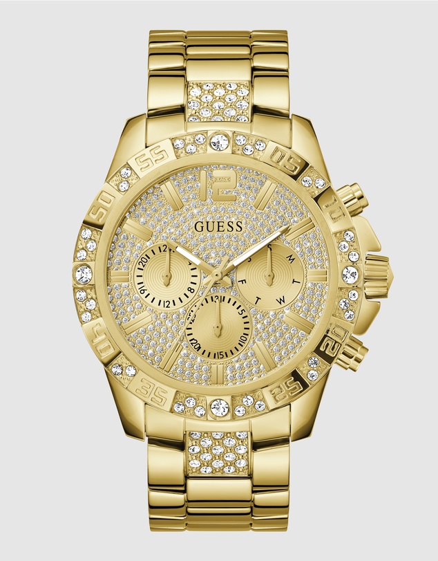 GUESS - Multi-function Men's 48mm Champagne Dial with Crystals and Gold-Tone Strap