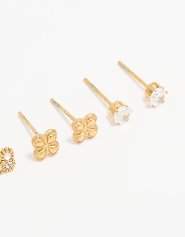 Lovisa - Waterproof Gold Plated Stainless Steel Cubic Zirconia Flower & Classic Stud Earrings 4-Pack