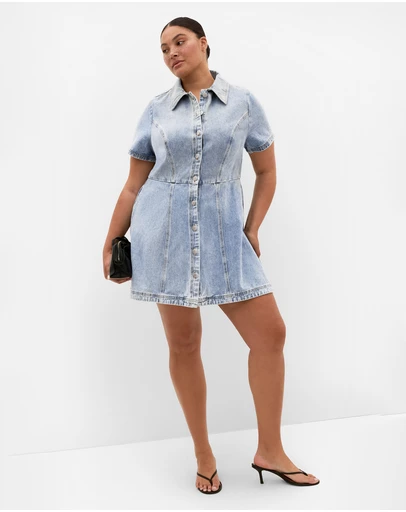 City Chic - Plus size Leia Cotton Denim Mini Dress - light wash