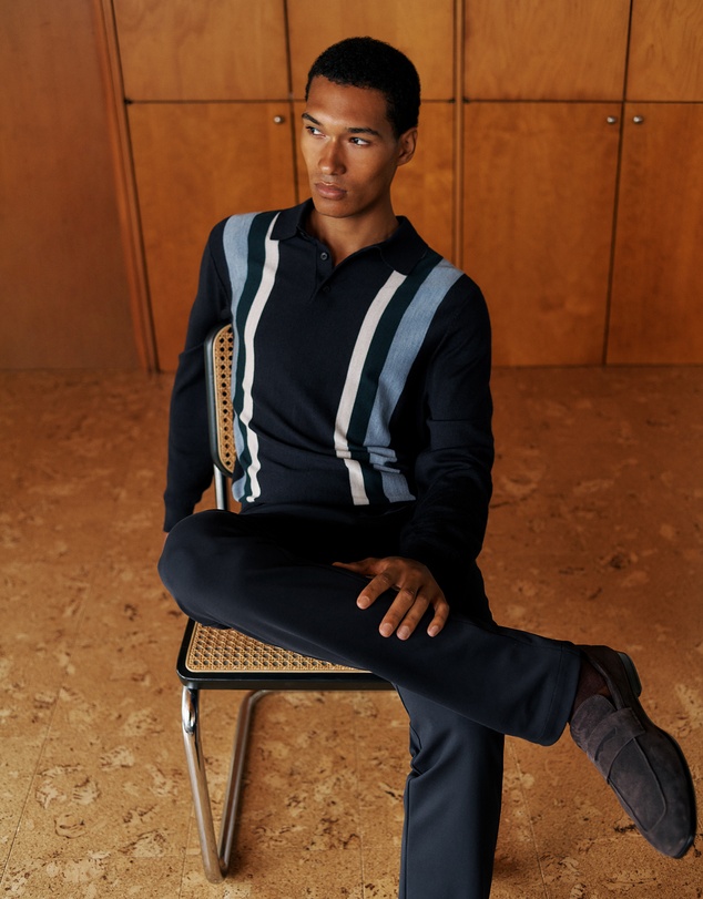 Trenery - Merino Graphic Stripe Long Sleeve Polo in Navy