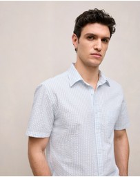 Trenery - Regular Fit Seersucker Stripe Pocket Shirt in Ice Blue