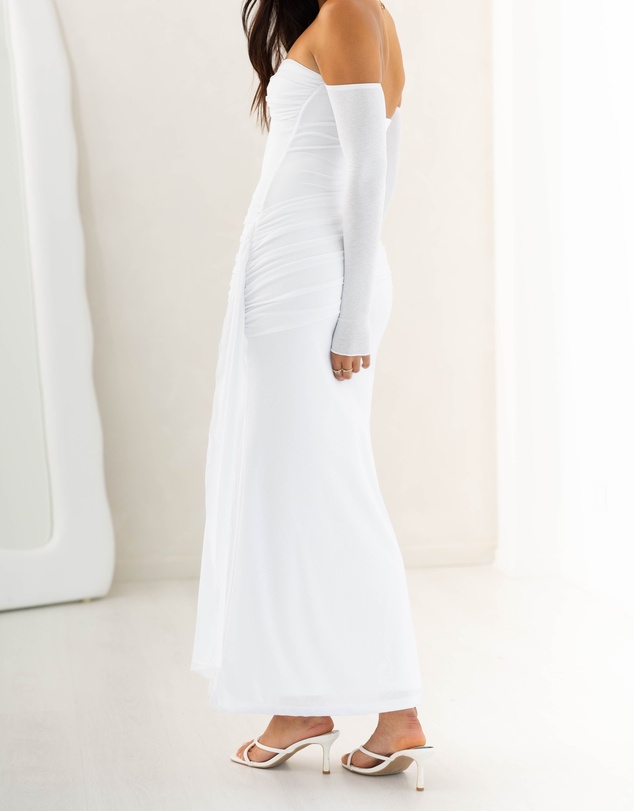 Beginning Boutique - Breanna White Long Sleeve Ruched Maxi Dress
