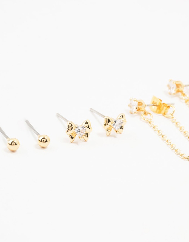 Lovisa - Gold Plated Brass Heart Bow Chain Earrings 4-Pack