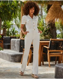 Sosandar - Denim Pocket Front Jumpsuit With Gold Buttons