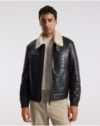 Calibre - Croc Embossed Leather Shearling Jacket Chocolate