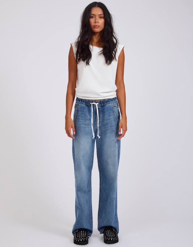 ONE TEASPOON - Roadhouse Mid Waist Wide Leg Drawstring Denim Jean - Hoodlum Blue