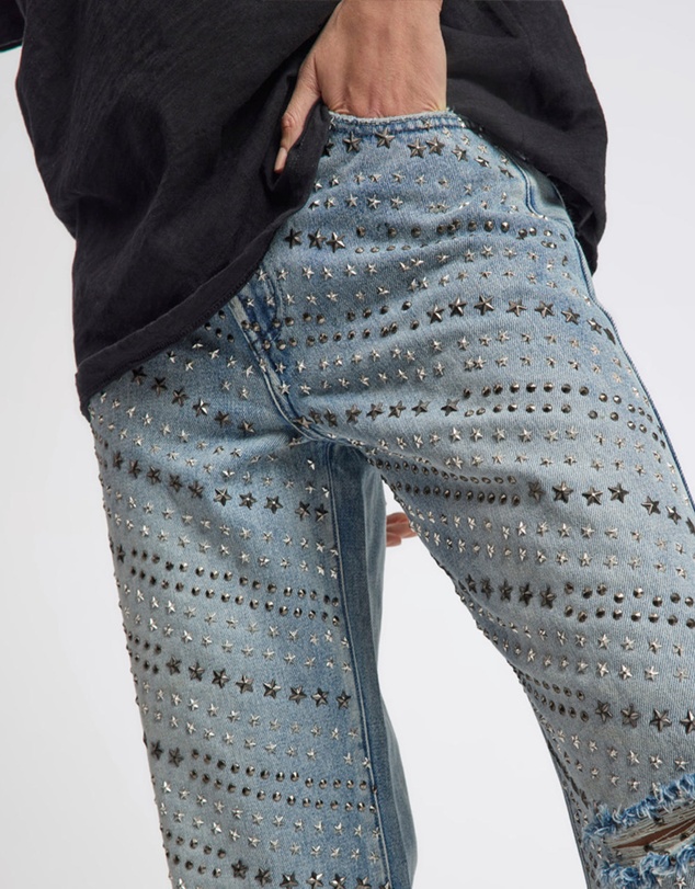 ONE TEASPOON - 25th Anniversary Limited Edition Jackson Mid Waist Wide Leg Studded Denim Jeans - Salty Dog