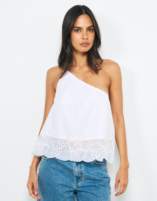 AERE - Organic Cotton Embroidery One Shoulder Top