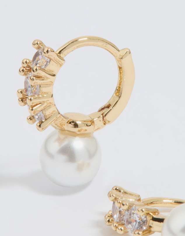 Lovisa - Gold Plated Cubic Zirconia Pearl Drop Huggie Earrings