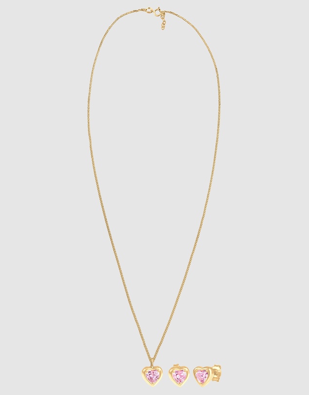 Elli Jewelry - Children's Pink Heart Zirconia Jewellery Set in Gold-Plated 925 Silver