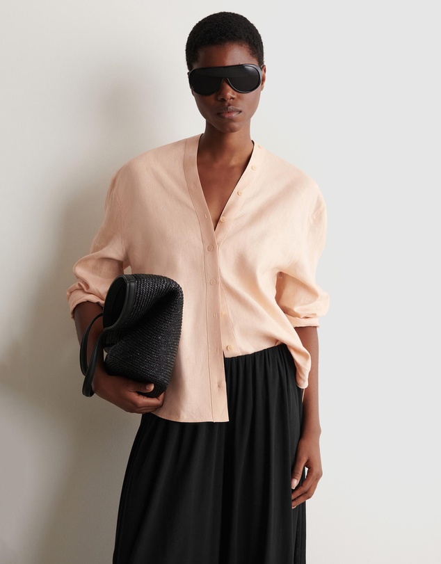COS - Button-Detail Linen V-Neck Shirt