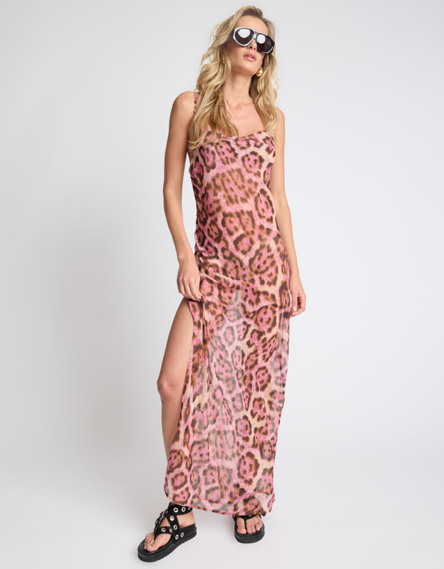 ONE TEASPOON - Rhiannon Ruched Long Slip Maxi Dress - Pink Leopard