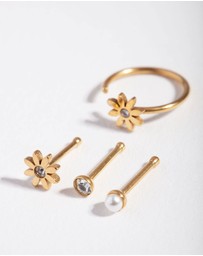 Lovisa - Surgical Steel Gold Flower Pearl Nose Stud 4-Pack