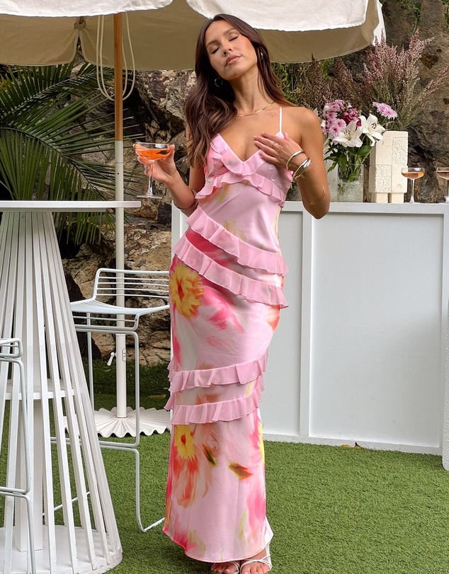 Beginning Boutique - Inara Light Pink Floral Print Ruffle Maxi Dress