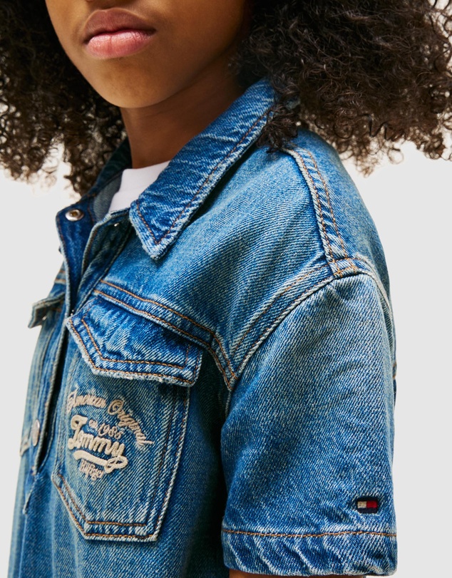 Tommy Hilfiger - Logo Embroidery Short Sleeve Denim Dress - Babies-Teens