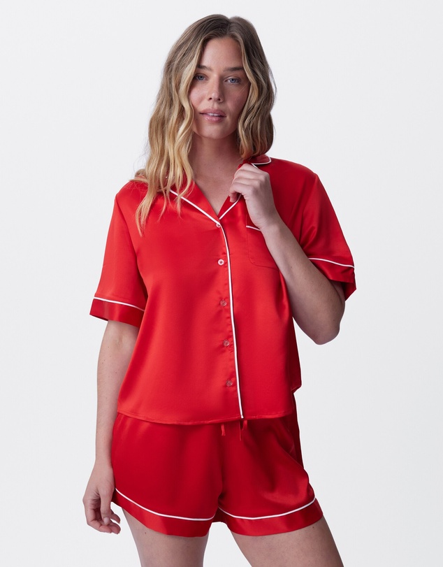 Bras N Things - Liquid Satin Short Sleeve - Red