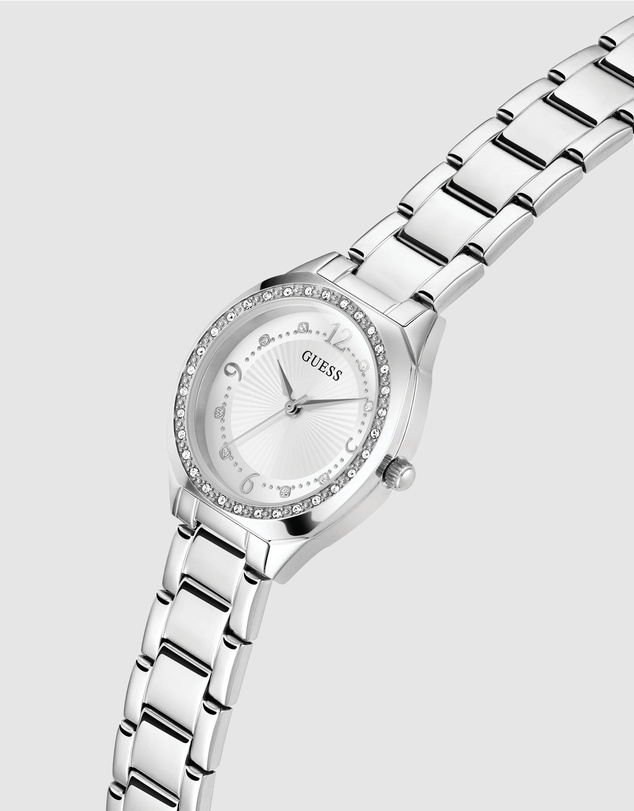 GUESS - Silver-Tone 30mm White Dial with Crystal Bezel Women's Watch
