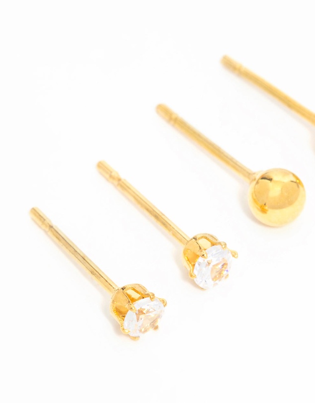 Lovisa - Gold Plated Surgical Steel Small Pearl & Cubic Zirconia Stud Earrings 3-Pack