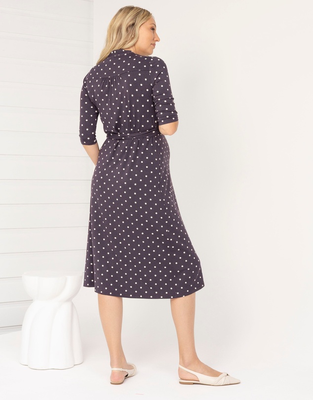 Angel Maternity - Eve Maternity Midi Wrap Dress in Brown Polka Dots