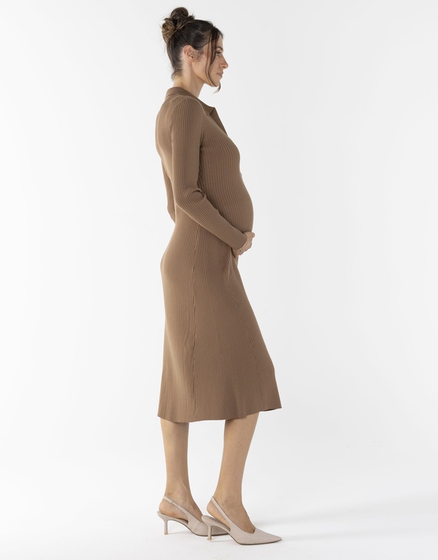 Angel Maternity - Knit Maternity Midi Dress in Camel