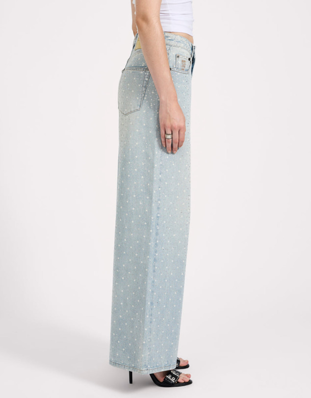 ONE TEASPOON - Love Machines Mid Waist Super Wide Leg Denim Jeans - Blue Sparkle