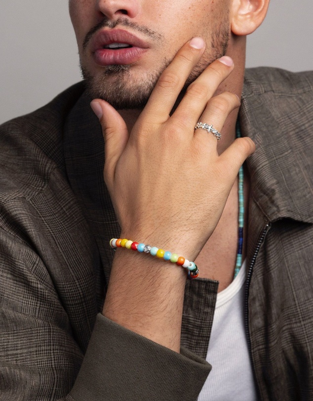 Nialaya Jewellery - Men's Beaded Bracelet with Multicolored Glass and Silver