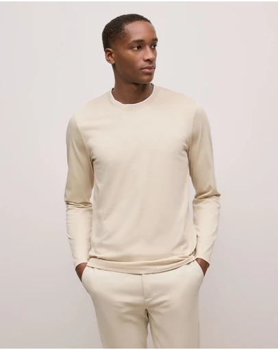 Trenery - Mercerised Cotton Tipped Long Sleeve T-shirt in Fawn