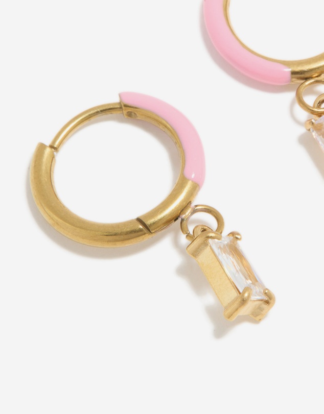 Lovisa - Waterproof Gold Plated Stainless Steel Pink Enamel Cubic Zirconia Charm Huggie Earrings