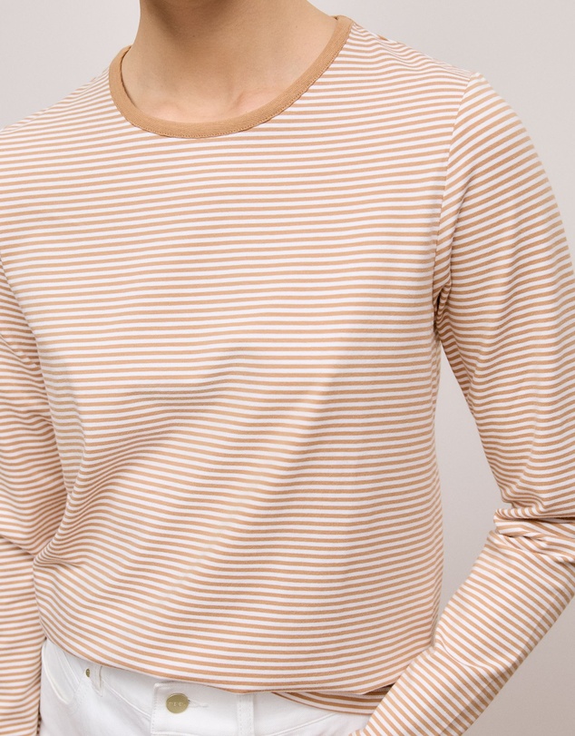 Trenery - Brushed Cotton Stripe Long Sleeve T-shirt in Camel