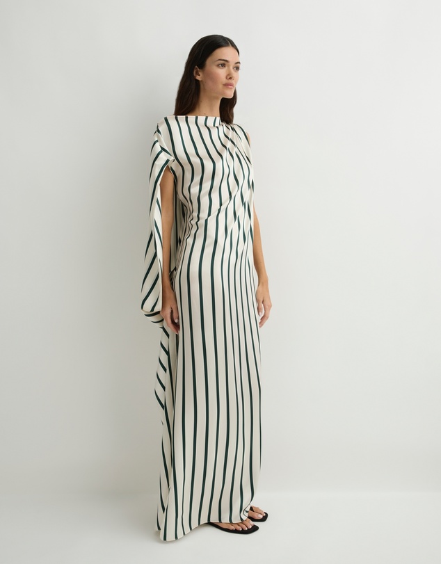 BONDI BORN - Cannes Silk Asymmetric Maxi Dress - Forest Stripe