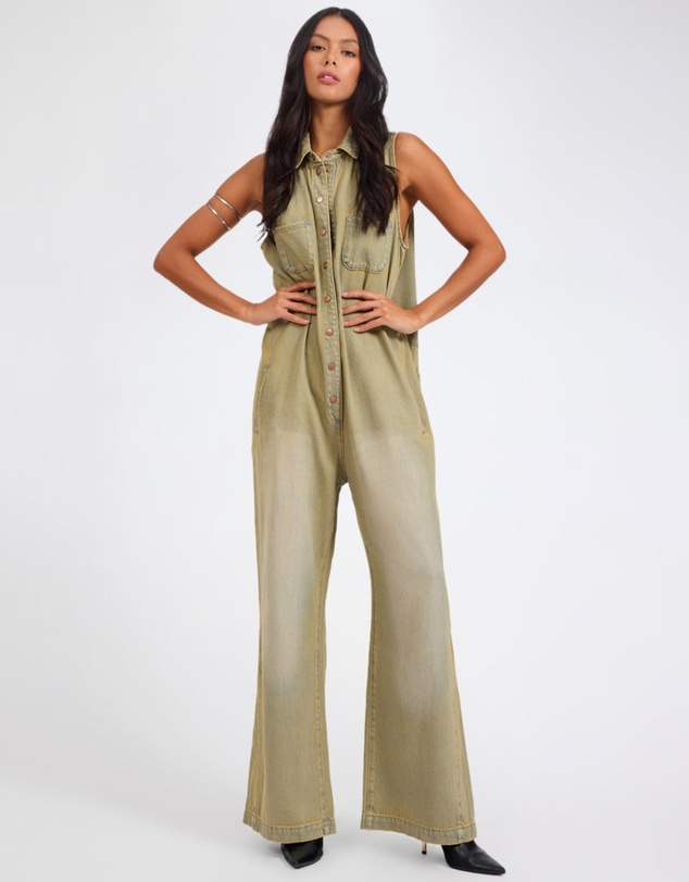 ONE TEASPOON - Braxton Wide Leg Long Length Denim Jumpsuit - Warm Khaki