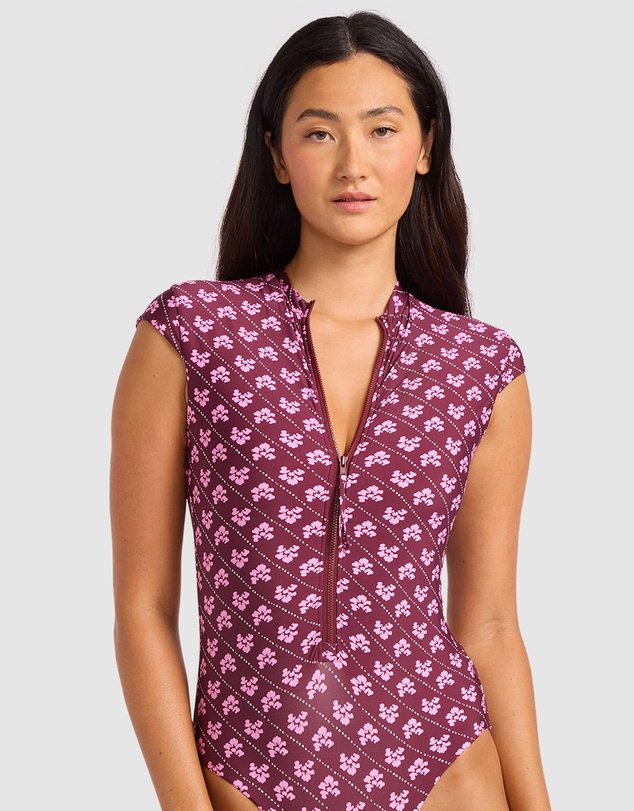 Seafolly - Batik Bloom Cap Sleeve Zip Front One Piece Swimsuit