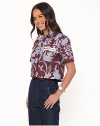 Petal & Pup - Aine Cropped Short Sleeve Shirt - Burgundy Floral