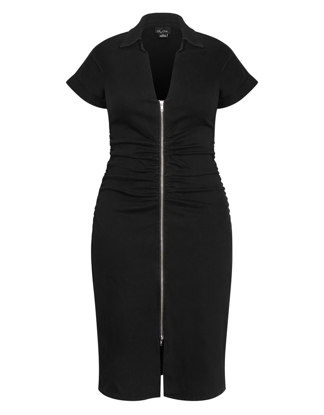 City Chic - Plus size Ruby Denim Zip Front Dress - black wash