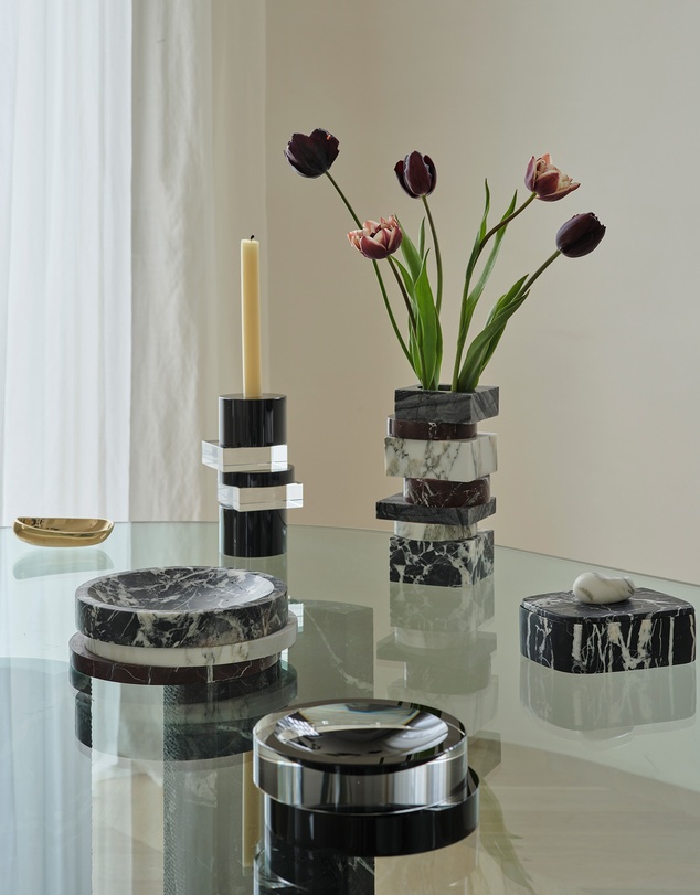 Greg Natale - Pila Crystal Candle Holder Clear & Black Onyx