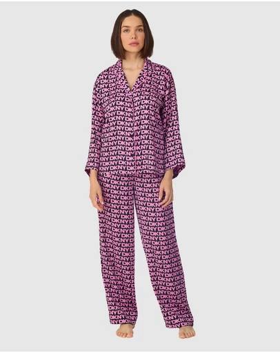DKNY - Printed Satin Button Up Long Sleeve Long Pyjama Set