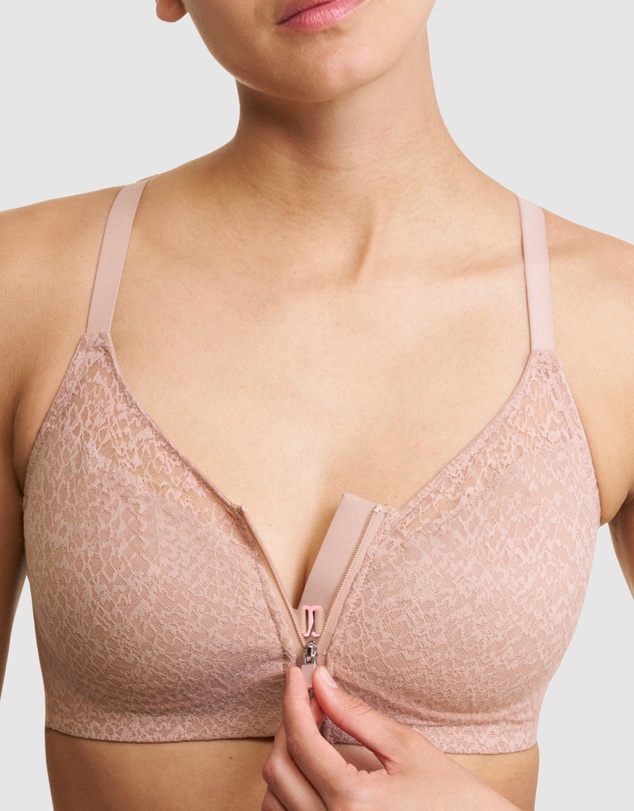 Natori - Pretty Smooth Zip Front Pocketed Post-Surgery Bra With Cotton & Lace
