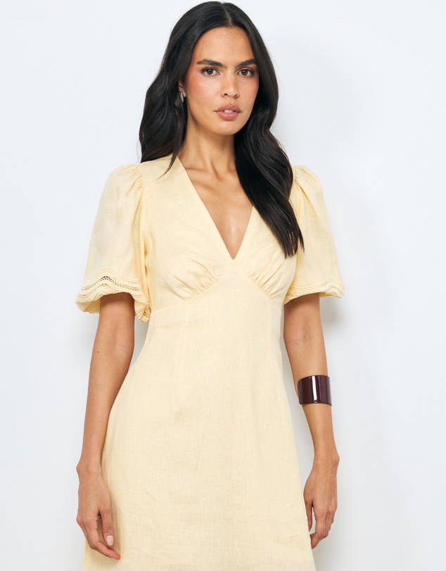 AERE - Dita Trim Puff Sleeve Midi Dress