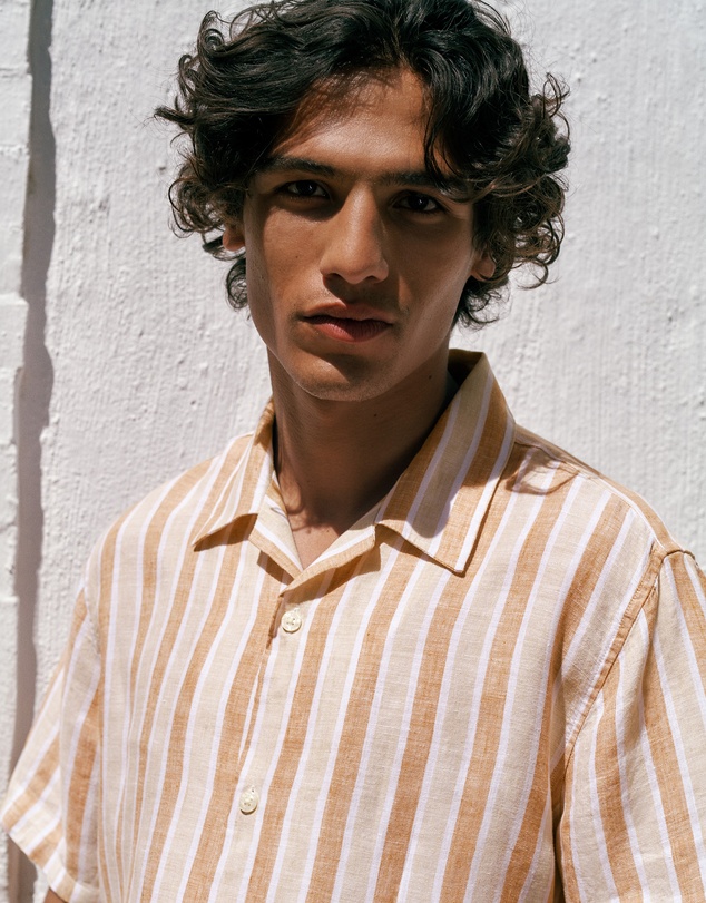 Trenery - Linen Tent Stripe Camp Shirt in Sand