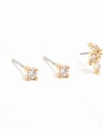 Lovisa - Gold Plated Brass Cubic Zirconia Flower Earrings 4-Pack