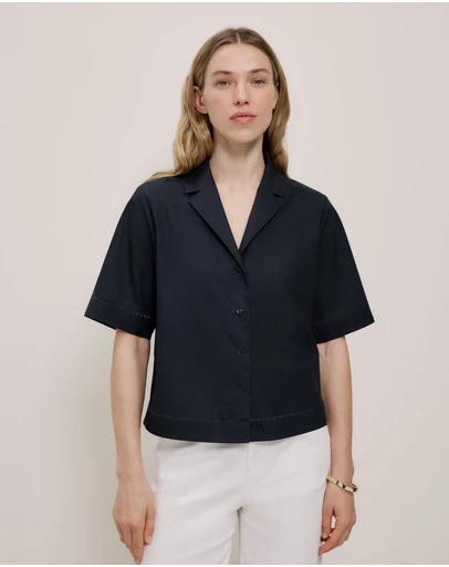 Trenery - Poplin Lattice Trim Short Sleeve Shirt in Black