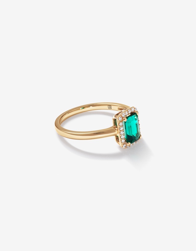 Michael Hill - Emerald Cut Green Created Emerald Gemstone and Diamond Halo Ring in 10kt Yellow Gold