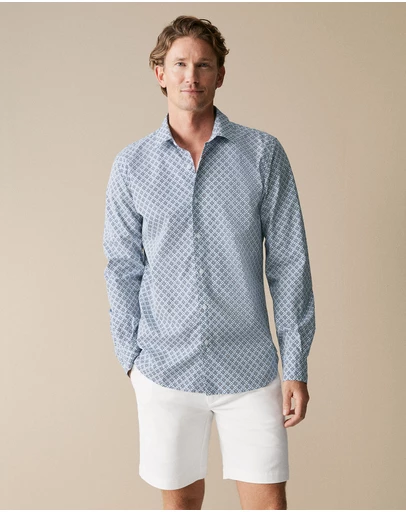 Trenery - Tailored Fit Diamond Geo Print Shirt in Blueprint