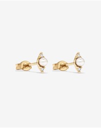 Michael Hill - Three Stone Cultured Freshwater Pearl and Diamond Stud Earrings in 10kt Yellow Gold