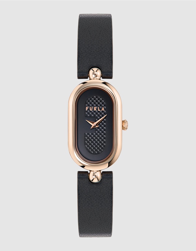 Furla - Ooh Rose 32mm Oval Rose Gold-Tone Case with Black Leather Strap