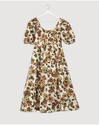 Revibe - Repaired AERE Paloma Linen Puff Sleeve Midi Dress - AU 10