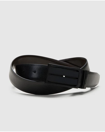 Politix - Pebble Grain Leather Dress Belt With Shield Buckle