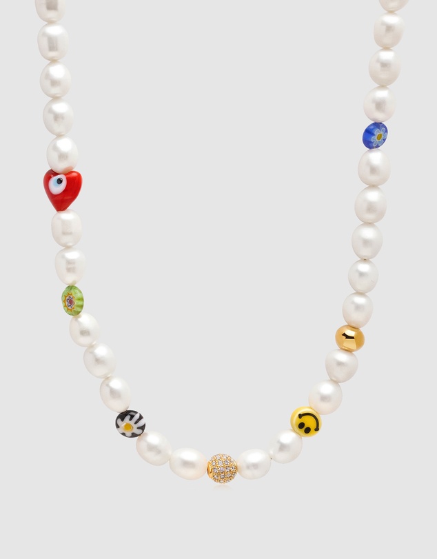 Nialaya Jewellery - Men's Smiley Face Pearl Choker with Assorted Beads