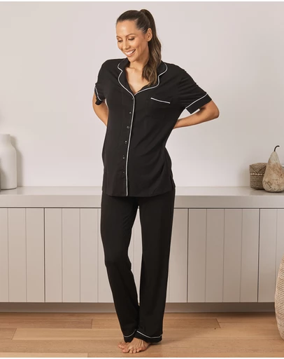 Angel Maternity - Maternity and Nursing Short Sleeve Pyjama Set in Black